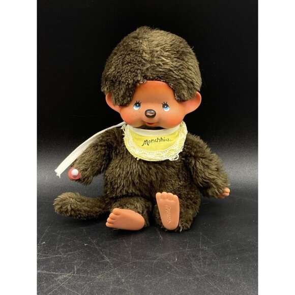 Monchhichi Brown 8” Plush Doll Blue Eyes Yellow Bandana 1974 Sekiguchi Hong Kong - Picture 1 of 10